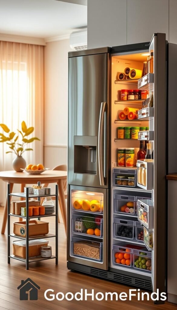 A stylish and organized kitchen scene featuring a refrigerator with smart, apartment-friendly storage solutions. In the foreground, showcase attractive modular shelving units filled with neatly arranged containers of food, fruits, and beverages. In the middle, highlight an elegant fridge adorned with magnetic spice racks and colorful, clear storage bins for easy access. In the background, include a cozy dining area with a decorative plant and warm ambient lighting to evoke a welcoming atmosphere. The image should have soft natural lighting streaming in from a nearby window, creating a bright, airy feel. Keep the overall mood functional yet inviting, perfectly portraying modern family life. The brand name "GoodHomeFinds" should be subtly reflected in the aesthetic design of the storage solutions.