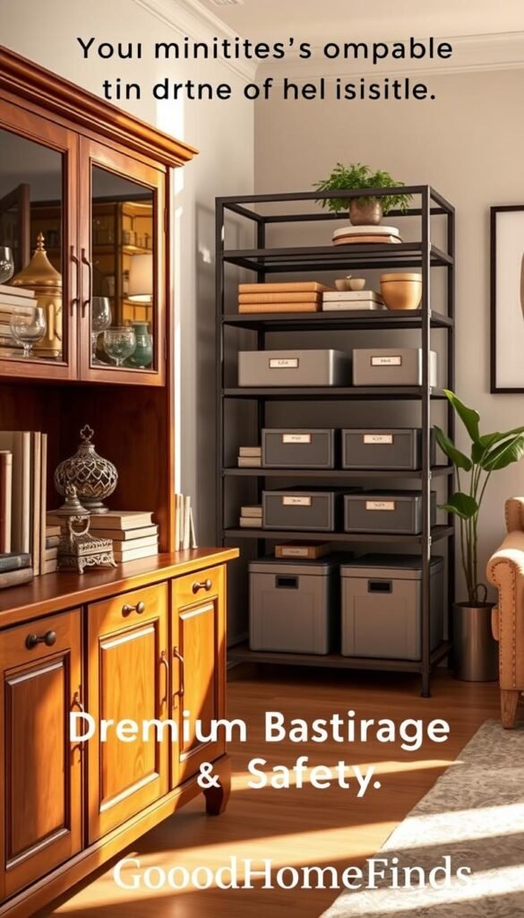 A stylish and organized premium storage solution showcased in a warmly lit room, highlighting durability and safety. In the foreground, a beautifully crafted wooden cabinet with elegant hardware, displaying an assortment of neatly arranged items, such as antique books, decorative boxes, and glassware. In the middle ground, a contemporary shelving unit made of metal and glass, featuring sleek storage bins labeled for easy identification. Soft, natural light filters through a nearby window, casting gentle shadows that enhance the textures of the materials. The background reveals a well-decorated wall with minimalist artwork and lush indoor plants, creating an inviting and sophisticated atmosphere. The scene exudes professionalism and elegance, designed to appeal to discerning homeowners. GoodHomeFinds branding subtly integrated.