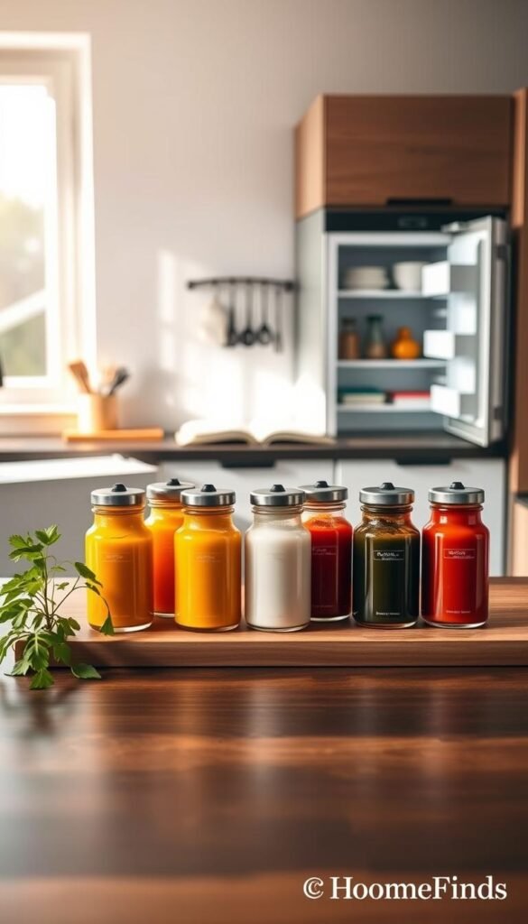 A stylish and organized sauce station set against a modern kitchen backdrop. In the foreground, a sleek wooden countertop displays an array of colorful sauces in elegant glass jars, each labeled discreetly. A small herb plant adds a touch of greenery beside the jars. The middle ground features a minimalist kitchen setup with an open cookbook and utensils neatly arranged, emphasizing efficiency. The background reveals a streamlined fridge, partially opened, showcasing a few essential ingredients without clutter. Warm, natural lighting filters through a window, casting gentle shadows and creating a welcoming atmosphere. The scene evokes a sense of creativity and simplicity in meal prep. This image embodies a Pinterest-style lifestyle aesthetic by GoodHomeFinds.
