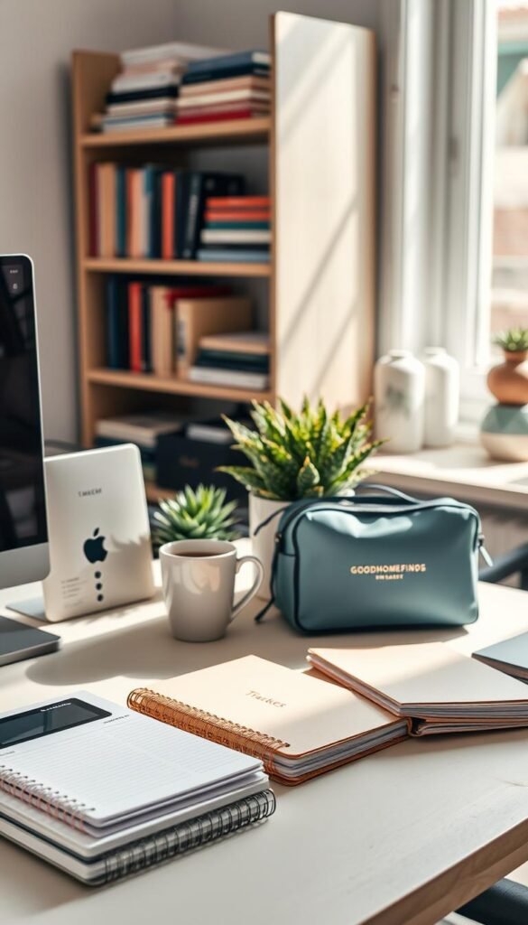 A stylish and organized workspace featuring a modern desk adorned with various trackers and organizers. In the foreground, there are neatly arranged planners, a sleek digital device displaying a minimalistic interface, and a couple of compact travel bags from "GoodHomeFinds" in soft, inviting colors. The middle ground showcases a vibrant plant and a decorative coffee mug, which brings warmth to the scene. The background features a softly blurred bookshelf filled with neatly stacked books and travel essentials. Natural sunlight streams through a nearby window, creating a bright and airy atmosphere, and casting gentle shadows that enhance the depth of the image. The overall mood conveys a sense of calm efficiency and inspired productivity, perfect for reducing daily clutter in a modern home.