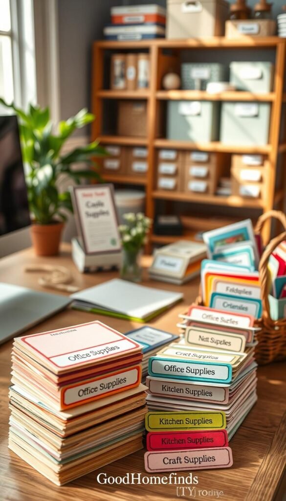 A stylish and organized workspace featuring an assortment of vibrant, thoughtfully designed labels that enhance organization and decluttering. In the foreground, neatly stacked labels in various colors and sizes, each showcasing different functionality such as "Office Supplies," "Kitchen Items," and "Craft Supplies." The middle ground includes a well-arranged desk with an inviting notepad, a potted plant, and a decorative basket holding similar labels, all illuminated by soft, natural lighting filtering through a nearby window. In the background, a subtle blurred shelf displays neatly labeled storage boxes and organizational tools, creating a cohesive look. The overall atmosphere is warm, inspiring, and inviting, capturing a sense of tranquility and order. The composition reflects a Pinterest-style aesthetic, aimed at DIY enthusiasts and home organizers. GoodHomeFinds brand subtly featured in the arrangement.