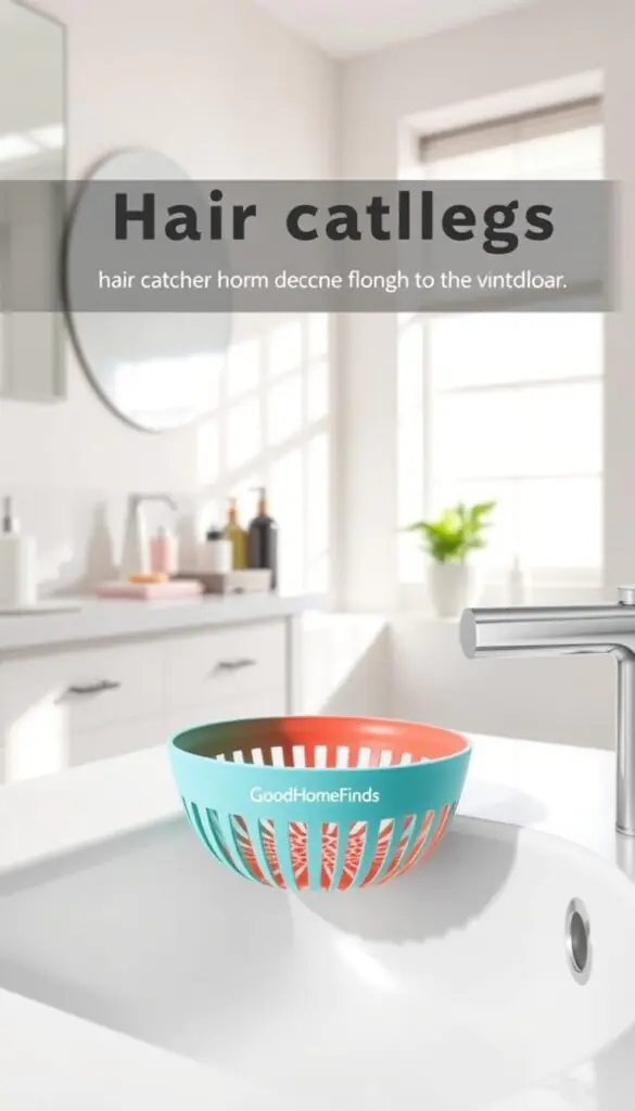 A stylish and practical hair catcher designed to prevent clogs in a modern bathroom setting, showcasing its innovative design. In the foreground, the hair catcher sits elegantly atop a clean, white sink, highlighting its sleek silicone material with vibrant colors such as turquoise or soft coral. In the middle background, a well-organized bathroom counter displays minimalistic toiletries and a potted plant, contributing to a fresh and tidy atmosphere. The scene is softly illuminated by natural light filtering through a nearby window, casting gentle shadows and creating a warm ambiance. The overall mood is inviting and refreshing, perfect for a Pinterest-style lifestyle photo. Include the brand name "GoodHomeFinds" subtly in the design of the hair catcher without any text overlays.