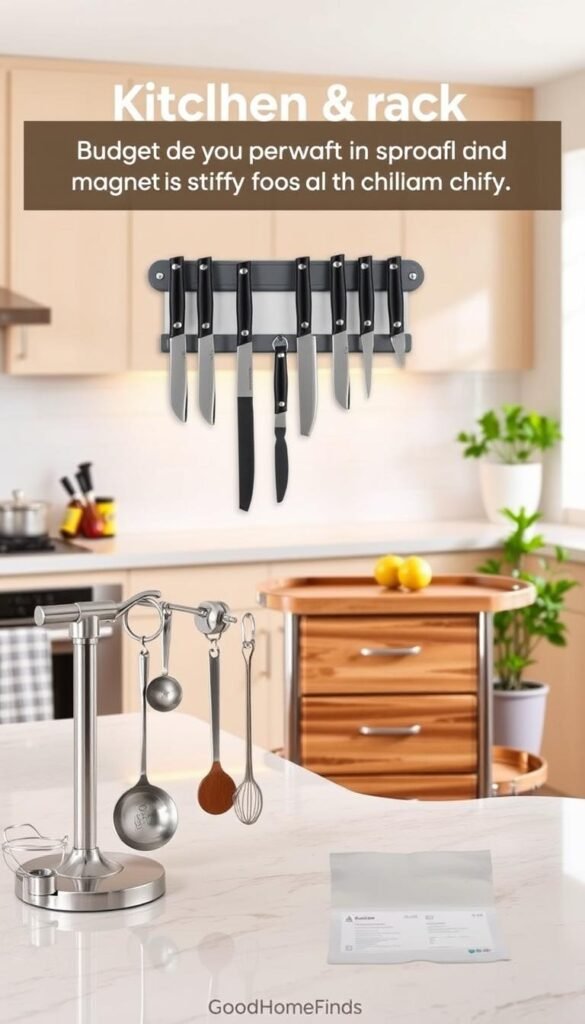 A stylish and practical kitchen scene showcasing a budget-friendly magnetic knife rack mounted on a glossy countertop, featuring several knives organized neatly and accessible. In the foreground, include small hooks holding kitchen utensils like measuring spoons and a whisk. In the middle ground, display a compact cart with drawers for additional storage, elegantly designed with a wood finish and chrome accents. The background features a cheerful, well-lit kitchen with warm lighting, enhancing the inviting atmosphere. A potted herb sits to the side, adding a touch of greenery. The overall mood is one of organized efficiency and modern charm, perfect for maximizing small space functionality. Branding subtly includes &ldquo;GoodHomeFinds&rdquo; on the cart.