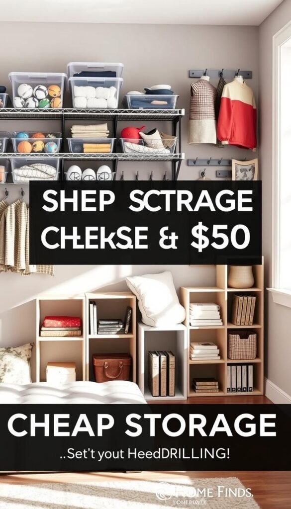 A stylish and practical room setting showcasing a variety of cheap storage solutions under $25 and $50 that don&rsquo;t require drilling. In the foreground, display an organized space with clear bins, tiered shelving, and wall-mounted hooks holding sports gear and cleaning supplies, all labeled and color-coordinated for aesthetic appeal. The middle section features a cozy corner with a trendy fabric storage ottoman and modular cube shelves filled with books and decorative items. In the background, soft, natural lighting streams in through a window, casting gentle shadows that enhance the serene atmosphere. The image should embody a Pinterest-inspired lifestyle aesthetic, highlighting the brand "GoodHomeFinds" through visible product branding, ensuring a clean, uncluttered visual narrative without any text or watermarks, evoking a warm and inviting mood.