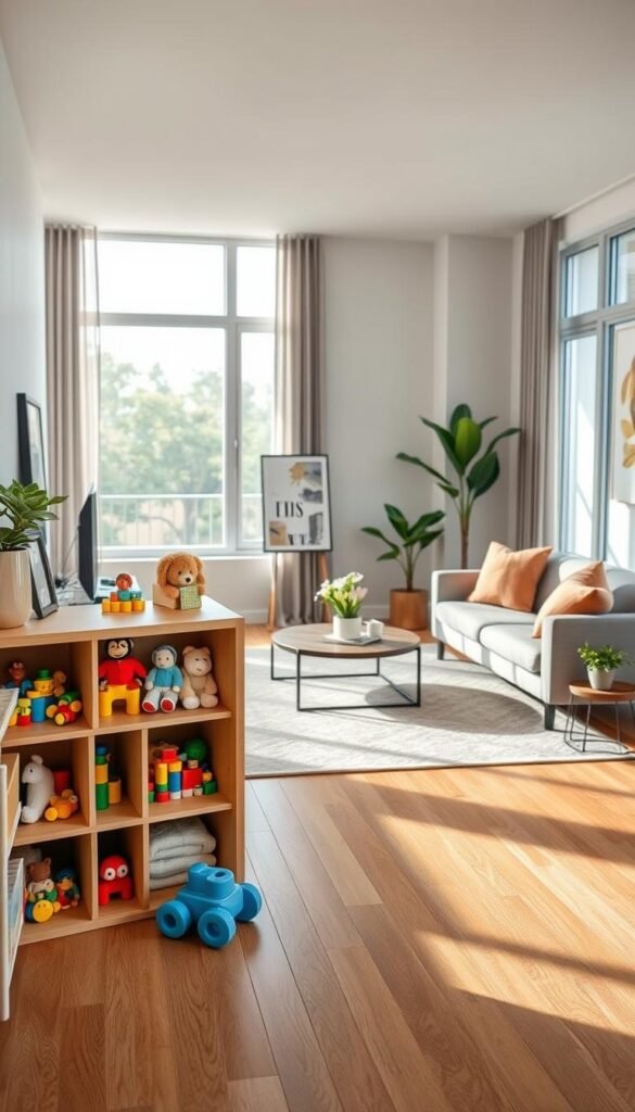 A stylish apartment room showcasing efficient toy storage solutions that blend seamlessly with adult aesthetics. In the foreground, a modern, minimalist wooden shelf filled with neatly organized toys, including colorful building blocks and plush animals, juxtaposed with elegant decor items like framed art and indoor plants. In the middle, a cozy area with a soft, neutral-colored rug and a sleek coffee table, surrounded by contemporary furniture in muted tones. The background features large windows allowing natural light to flood the space, creating a warm and inviting atmosphere. The overall mood is relaxed yet sophisticated, emphasizing a harmonious balance between practicality and style. The scene is captured with a slightly elevated angle, reminiscent of beautifully curated lifestyle photos. GoodHomeFinds brand elements are subtly integrated within the decor. A stylish apartment room showcasing efficient toy storage solutions that blend seamlessly with adult aesthetics. In the foreground, a modern, minimalist wooden shelf filled with neatly organized toys, including colorful building blocks and plush animals, juxtaposed with elegant decor items like framed art and indoor plants. In the middle, a cozy area with a soft, neutral-colored rug and a sleek coffee table, surrounded by contemporary furniture in muted tones. The background features large windows allowing natural light to flood the space, creating a warm and inviting atmosphere. The overall mood is relaxed yet sophisticated, emphasizing a harmonious balance between practicality and style. The scene is captured with a slightly elevated angle, reminiscent of beautifully curated lifestyle photos. GoodHomeFinds brand elements are subtly integrated within the decor.
