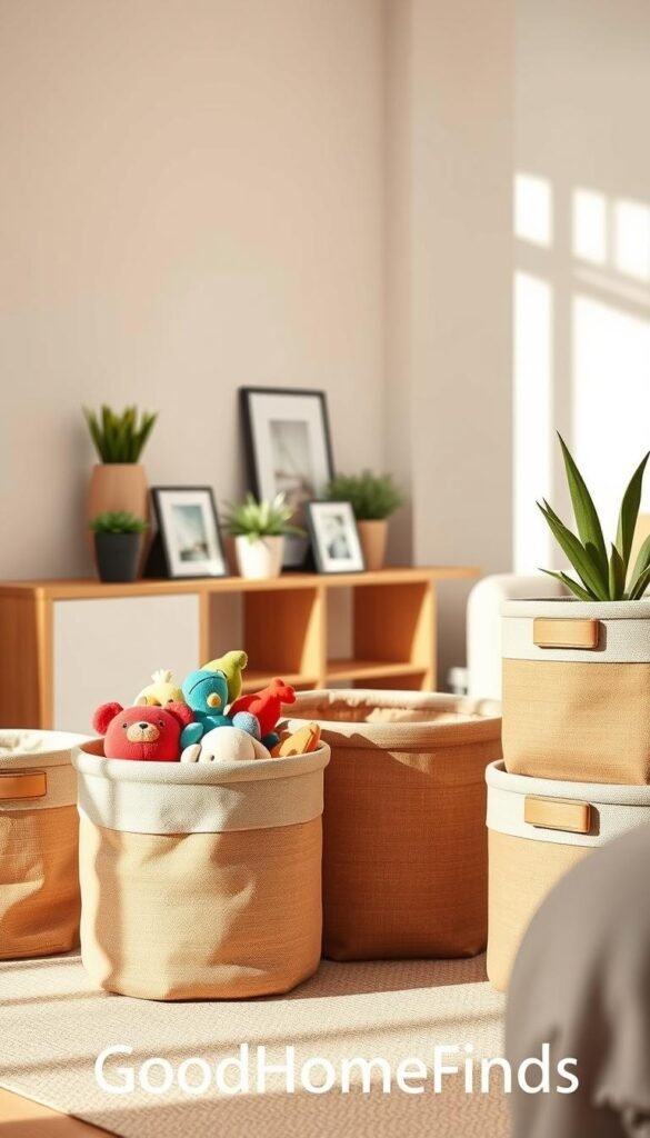 A stylish arrangement of modern storage bins in an elegant living space. In the foreground, showcase a set of chic, woven fabric bins in soft earth tones, neatly stacked and filled with colorful toys, exuding warmth and organization. The middle ground features a sleek wooden shelf, embellished with decorative plants and small, framed pictures, enhancing the cozy atmosphere. In the background, a softly blurred, well-lit room with neutral walls and a minimalist design creates a serene environment. The warm, natural lighting casts gentle shadows, emphasizing the textures of the storage bins. The scene should evoke a harmonious blend of functionality and style, suitable for adult aesthetics. No text or branding visible. Include the brand name "GoodHomeFinds" in the styling. A stylish arrangement of modern storage bins in an elegant living space. In the foreground, showcase a set of chic, woven fabric bins in soft earth tones, neatly stacked and filled with colorful toys, exuding warmth and organization. The middle ground features a sleek wooden shelf, embellished with decorative plants and small, framed pictures, enhancing the cozy atmosphere. In the background, a softly blurred, well-lit room with neutral walls and a minimalist design creates a serene environment. The warm, natural lighting casts gentle shadows, emphasizing the textures of the storage bins. The scene should evoke a harmonious blend of functionality and style, suitable for adult aesthetics. No text or branding visible. Include the brand name "GoodHomeFinds" in the styling.