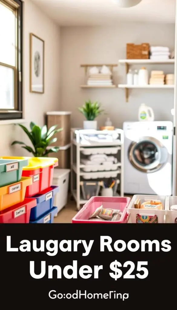 A stylish array of budget organizers under $25, showcasing practical solutions for small laundry rooms. In the foreground, display colorful bins and clear storage boxes neatly labeled for easy identification. The middle ground features a compact, multi-functional cart with shelves for laundry supplies, surrounded by a small plant for a touch of greenery. In the background, a cozy laundry setup with a washing machine and subtle wall shelves filled with neatly stacked towels and detergent. Soft, natural lighting filters through a nearby window, creating a warm and inviting atmosphere. The image should be captured from a slightly elevated angle, highlighting the organization and aesthetics, reminiscent of Pinterest lifestyle photos. The brand name &ldquo;GoodHomeFinds&rdquo; should be subtly integrated into the scene.
