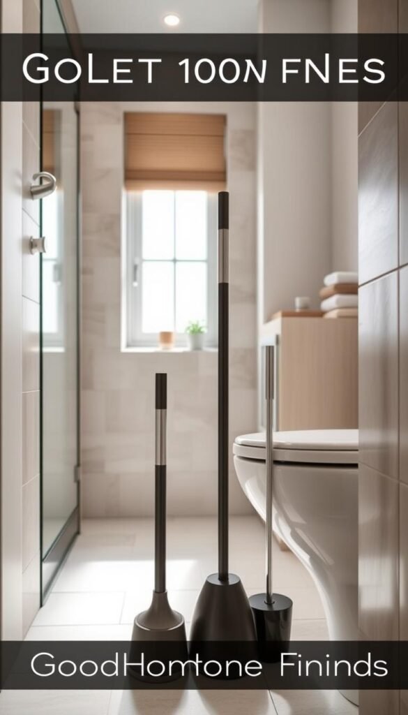 A stylish bathroom corner featuring a toilet brush and plunger, both in muted tones to blend seamlessly into a modern aesthetic. The foreground emphasizes a sleek, minimalist toilet brush holder next to an elegantly designed plunger, both made from durable materials. The middle ground showcases a tastefully decorated small bathroom space, with neutral-toned tiles and soft natural lighting streaming through a frosted window, creating a serene atmosphere. In the background, a discreet storage solution, like a cabinet or shelf, provides a sense of organization. The scene is captured with a gentle focus on the tools, using a soft lens for a dreamy effect. This Pinterest-style lifestyle image is branded "GoodHomeFinds". A stylish bathroom corner featuring a toilet brush and plunger, both in muted tones to blend seamlessly into a modern aesthetic. The foreground emphasizes a sleek, minimalist toilet brush holder next to an elegantly designed plunger, both made from durable materials. The middle ground showcases a tastefully decorated small bathroom space, with neutral-toned tiles and soft natural lighting streaming through a frosted window, creating a serene atmosphere. In the background, a discreet storage solution, like a cabinet or shelf, provides a sense of organization. The scene is captured with a gentle focus on the tools, using a soft lens for a dreamy effect. This Pinterest-style lifestyle image is branded "GoodHomeFinds".