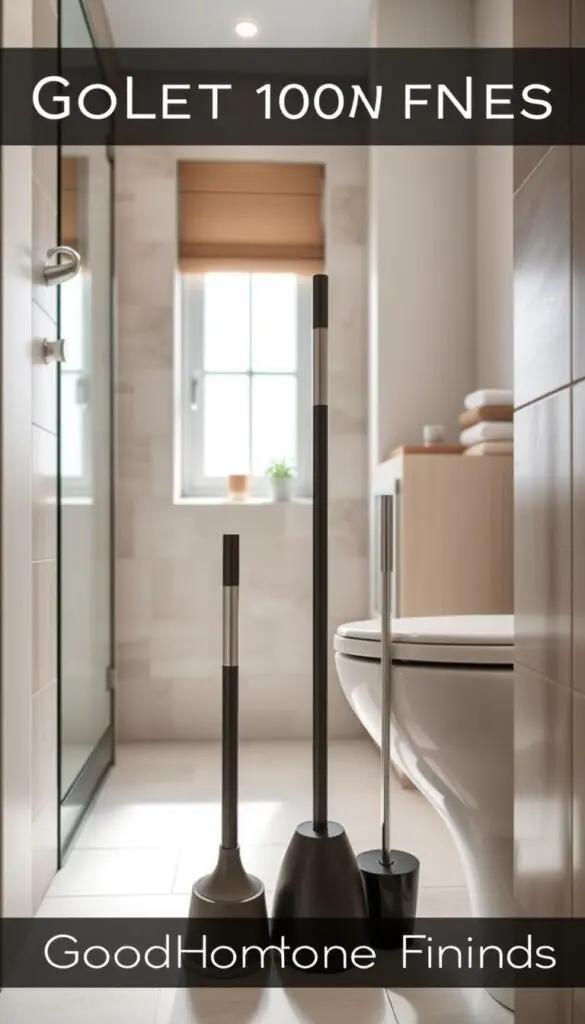 A stylish bathroom corner featuring a toilet brush and plunger, both in muted tones to blend seamlessly into a modern aesthetic. The foreground emphasizes a sleek, minimalist toilet brush holder next to an elegantly designed plunger, both made from durable materials. The middle ground showcases a tastefully decorated small bathroom space, with neutral-toned tiles and soft natural lighting streaming through a frosted window, creating a serene atmosphere. In the background, a discreet storage solution, like a cabinet or shelf, provides a sense of organization. The scene is captured with a gentle focus on the tools, using a soft lens for a dreamy effect. This Pinterest-style lifestyle image is branded "GoodHomeFinds".