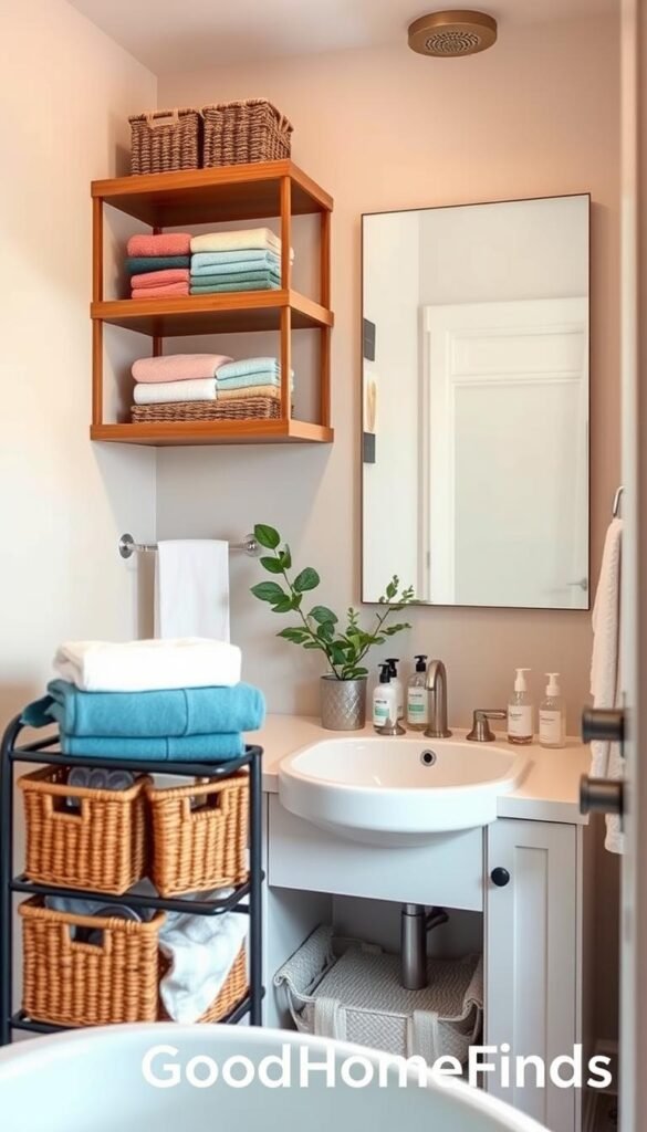 A stylish bathroom interior featuring organized storage solutions for toiletries, towels, and under-sink items. In the foreground, elegant wooden shelves hold neatly arranged baskets filled with colorful towels and bathroom essentials. The middle of the scene showcases a chic bathroom vanity with a well-organized collection of skincare products and a potted plant for a touch of greenery. The background includes soft, neutral-toned walls and a well-lit mirror reflecting warm, inviting lighting to create a cozy atmosphere. The lens is slightly angled for a dynamic perspective, emphasizing the decluttered efficiency of the space. The overall mood is tranquil and stylish, embodying a renter-friendly aesthetic. GoodHomeFinds branding subtly integrated into the scene. A stylish bathroom interior featuring organized storage solutions for toiletries, towels, and under-sink items. In the foreground, elegant wooden shelves hold neatly arranged baskets filled with colorful towels and bathroom essentials. The middle of the scene showcases a chic bathroom vanity with a well-organized collection of skincare products and a potted plant for a touch of greenery. The background includes soft, neutral-toned walls and a well-lit mirror reflecting warm, inviting lighting to create a cozy atmosphere. The lens is slightly angled for a dynamic perspective, emphasizing the decluttered efficiency of the space. The overall mood is tranquil and stylish, embodying a renter-friendly aesthetic. GoodHomeFinds branding subtly integrated into the scene.