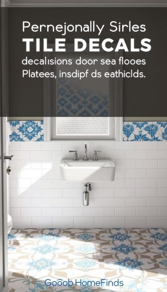 A stylish bathroom showcasing temporary tile decals and peel-and-stick options for floors and backsplashes. In the foreground, vibrant, geometric tile decals in shades of blue and white are applied to a minimalist backsplash above the sink. In the middle, a clean, modern sink with sleek fixtures complements the playful patterns. The flooring features elegant peel-and-stick tiles in a contrasting design, illustrating versatility. In the background, soft natural light filters through a frosted window, casting gentle shadows and creating a serene atmosphere. The overall composition exudes a Pinterest-inspired lifestyle vibe, appealing to homeowners looking for stylish renovation hacks. Designed to reflect a chic, budget-friendly upgrade, the image embodies creativity and practicality in modern interiors. GoodHomeFinds brand elements subtly integrated throughout the decor. A stylish bathroom showcasing temporary tile decals and peel-and-stick options for floors and backsplashes. In the foreground, vibrant, geometric tile decals in shades of blue and white are applied to a minimalist backsplash above the sink. In the middle, a clean, modern sink with sleek fixtures complements the playful patterns. The flooring features elegant peel-and-stick tiles in a contrasting design, illustrating versatility. In the background, soft natural light filters through a frosted window, casting gentle shadows and creating a serene atmosphere. The overall composition exudes a Pinterest-inspired lifestyle vibe, appealing to homeowners looking for stylish renovation hacks. Designed to reflect a chic, budget-friendly upgrade, the image embodies creativity and practicality in modern interiors. GoodHomeFinds brand elements subtly integrated throughout the decor.