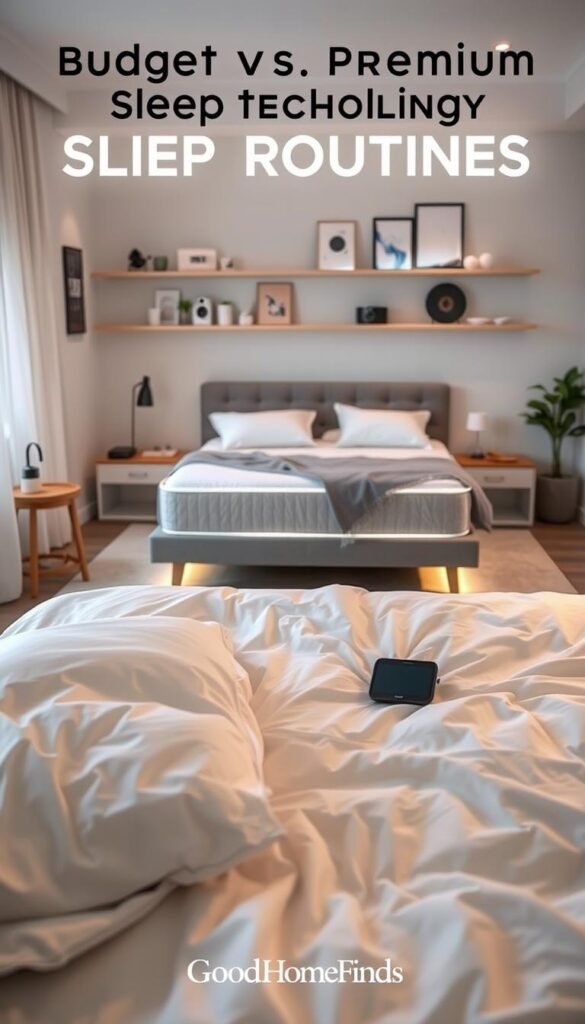 A stylish bedroom scene illustrating the contrast between budget and premium sleep technology for night routines. In the foreground, a cozy, neatly made budget bed with soft linens and a simple alarm clock, symbolizing affordability. In the middle ground, a sleek, modern premium bed equipped with advanced sleep tracking devices, a high-end mattress, and ambient lighting, representing luxury. The background shows a serene, softly lit room with calming colors and shelves displaying various sleep accessories. Use soft, diffused lighting to create a peaceful atmosphere that highlights the differences between the two setups. Capture the essence of a tranquil night routine, showcasing the balance of comfort and innovation. Ensure the image reflects the brand "GoodHomeFinds" with a tasteful and inviting aesthetic. A stylish bedroom scene illustrating the contrast between budget and premium sleep technology for night routines. In the foreground, a cozy, neatly made budget bed with soft linens and a simple alarm clock, symbolizing affordability. In the middle ground, a sleek, modern premium bed equipped with advanced sleep tracking devices, a high-end mattress, and ambient lighting, representing luxury. The background shows a serene, softly lit room with calming colors and shelves displaying various sleep accessories. Use soft, diffused lighting to create a peaceful atmosphere that highlights the differences between the two setups. Capture the essence of a tranquil night routine, showcasing the balance of comfort and innovation. Ensure the image reflects the brand "GoodHomeFinds" with a tasteful and inviting aesthetic.