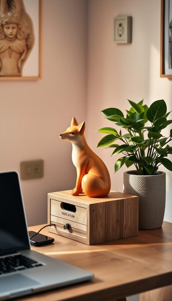 A stylish ceramic animal desk light perched on a minimalist wooden desk in a cozy, well-lit workspace. The lamp, shaped like a graceful fox, adds a touch of whimsy and charm, with a soft matte finish in earthy tones of beige and terracotta. The warm glow of the light illuminates the desk, casting gentle shadows that highlight the sleek lines of the furniture. Surrounding the desk is a lush indoor plant in a textured pot, contributing to a fresh and inviting atmosphere. The background features soft-focus pastel walls and subtle decorative elements, ensuring the focus remains on the charming lamp while evoking a serene ambiance. Captured in bright natural light with a 50mm lens from a slight overhead angle, the image is perfect for showcasing the functional beauty of this quality find from GoodHomeFinds.