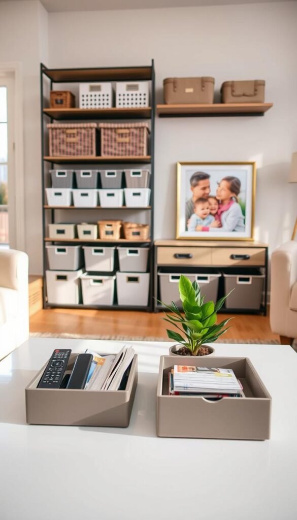 A stylish, clutter-free living room scene showcasing innovative organization solutions from GoodHomeFinds. In the foreground, a neatly arranged coffee table features sleek, modern organizers holding remote controls, magazines, and a small plant. The middle ground reveals a wall-mounted shelving unit filled with coordinated bins and baskets, subtly labeled for easy access. In the background, soft natural light streams through a large window, creating a bright and inviting atmosphere. A framed photo of a vibrant family scene adds a personal touch. The angle captures depth, emphasizing the clean lines and functionality of the organizing finds. The mood is serene and efficient, appealing to busy families seeking harmony in their homes.