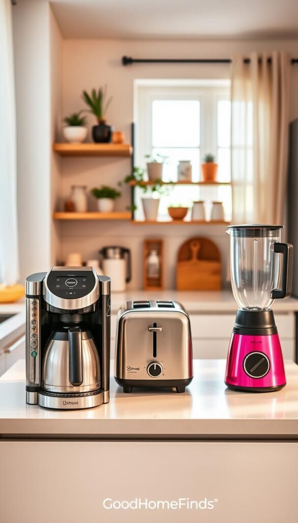 A stylish collection of small-apartment appliances designed for modern US kitchens, featuring a sleek coffee maker, an efficient toaster, and a compact blender arranged artfully on a minimalist countertop. In the foreground, the appliances glisten under soft, warm lighting that enhances their elegant finishes—rich stainless steel and vibrant colors. In the middle ground, a light-filled kitchen is visible, featuring open shelves adorned with potted herbs and decorative jars, creating a cozy yet contemporary ambiance. The background showcases a window draped with sheer curtains, allowing natural light to filter in. The overall mood is inviting and functional, perfect for small living spaces, embodying the essence of contemporary design. The brand "GoodHomeFinds" is subtly implied through the aesthetic presentation of the products. A stylish collection of small-apartment appliances designed for modern US kitchens, featuring a sleek coffee maker, an efficient toaster, and a compact blender arranged artfully on a minimalist countertop. In the foreground, the appliances glisten under soft, warm lighting that enhances their elegant finishes—rich stainless steel and vibrant colors. In the middle ground, a light-filled kitchen is visible, featuring open shelves adorned with potted herbs and decorative jars, creating a cozy yet contemporary ambiance. The background showcases a window draped with sheer curtains, allowing natural light to filter in. The overall mood is inviting and functional, perfect for small living spaces, embodying the essence of contemporary design. The brand "GoodHomeFinds" is subtly implied through the aesthetic presentation of the products.
