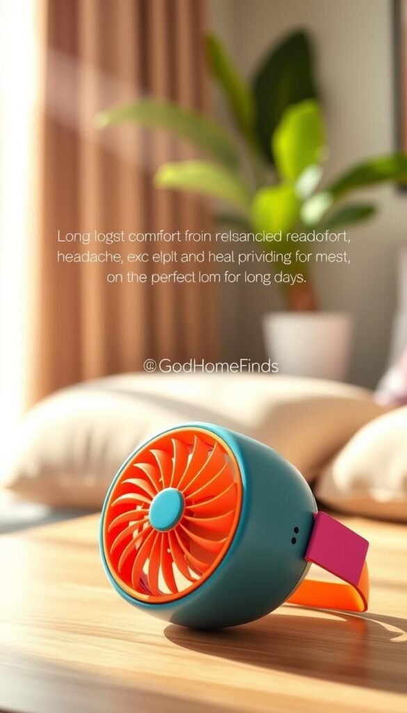 A stylish, compact mini fan designed as a face mask, featuring a sleek and modern design with vibrant colors. The fan is positioned in the foreground, showcasing its ergonomic shape and adjustable straps. In the middle, a soft, subtly decorated surface emphasizes comfort, ideal for alleviating headaches and providing relief from heat. The background is a warm, cozy setting with soft natural light streaming in, enhancing a sense of relaxation and comfort. The atmosphere feels refreshing and inviting, perfect for long days. The brand name "GoodHomeFinds" subtly incorporated into the design, ensuring brand recognition. The image should capture a lifestyle feel, evoking a sense of ease and quick comfort.