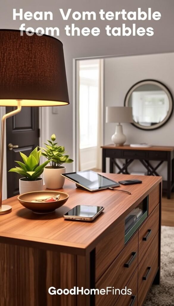 A stylish console table designed for a modern entryway, featuring a sleek wood finish and integrated charging stations. The foreground showcases the table adorned with potted greenery and a catch-all dish for keys and essentials, with an elegant lamp casting warm, inviting light. In the middle, various tech gadgets like a tablet and wireless chargers are strategically placed, emphasizing functionality. The background includes a tastefully decorated entryway with light-colored walls and a stylish mirror, creating a spacious feel. Soft natural light filters in from a nearby window, enhancing the homey atmosphere. The mood conveys a harmonious blend of tech-savvy and aesthetic appeal, perfect for modern living. The image is branded "GoodHomeFinds." A stylish console table designed for a modern entryway, featuring a sleek wood finish and integrated charging stations. The foreground showcases the table adorned with potted greenery and a catch-all dish for keys and essentials, with an elegant lamp casting warm, inviting light. In the middle, various tech gadgets like a tablet and wireless chargers are strategically placed, emphasizing functionality. The background includes a tastefully decorated entryway with light-colored walls and a stylish mirror, creating a spacious feel. Soft natural light filters in from a nearby window, enhancing the homey atmosphere. The mood conveys a harmonious blend of tech-savvy and aesthetic appeal, perfect for modern living. The image is branded "GoodHomeFinds."