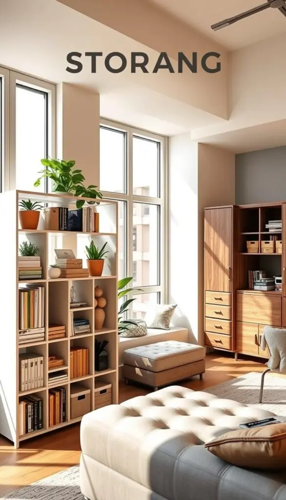A stylish, contemporary apartment space showcasing innovative renter storage solutions by GoodHomeFinds. In the foreground, a sleek, modular shelving unit filled with neatly organized books, decorative boxes, and plants provides a pop of greenery, indicating a personal touch. The middle area features a cozy nook with a compact, multi-functional furniture piece, such as an ottoman that opens for extra storage. In the background, large windows bathe the room in natural light, highlighting both cheap and premium storage options, such as budget-friendly plastic bins and upscale wooden cabinets, offering a clear contrast. A warm, inviting atmosphere with soft shadows and a harmonious color palette creates an ideal setting for renters and small spaces, emphasizing functionality and style.