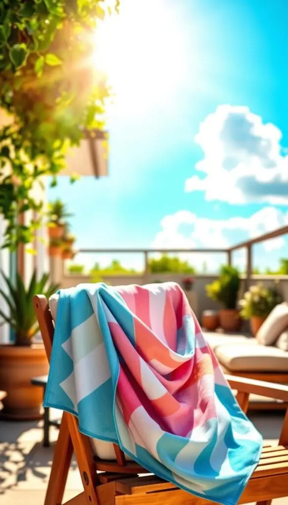 A stylish cooling neck wrap from GoodHomeFinds displayed in a bright outdoor setting during a sunny day. In the foreground, the neck wrap, beautifully designed with vibrant colors and cooling fabric, drapes elegantly over a wooden garden chair. The middle ground features a sunlit patio with potted plants and soft cushions, emphasizing a relaxed summer atmosphere. The background showcases a clear blue sky with a few fluffy clouds, hinting at the peak summer heat. The lighting is warm and inviting, with the sun casting gentle shadows, creating a calm and refreshing mood. The scene captures moments of relief and recovery, perfect for those seeking comfort in the summer heat while being stylish and practical.