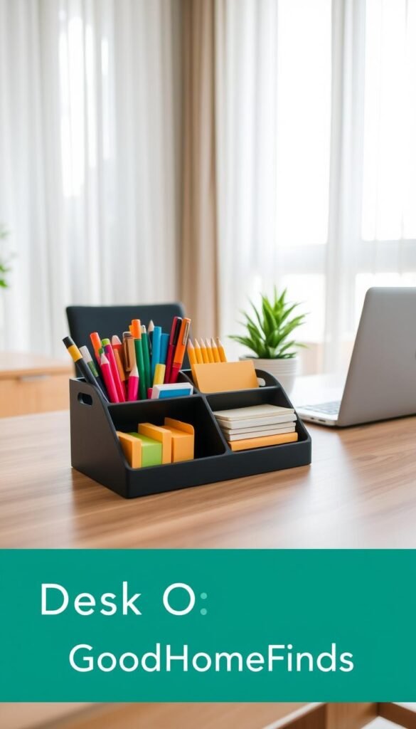 A stylish desk organizer displayed in a modern home office setting. The foreground features a sleek, wooden desk with a minimalist design, hosting a variety of office supplies neatly arranged within a multi-compartment organizer. This organizer showcases vibrant pens, sticky notes, and notepads in an aesthetically pleasing manner. In the middle ground, a laptop sits open beside a small potted plant, complementing the workspace's inviting atmosphere. The background reveals a softly lit room with a large window allowing natural light to filter through sheer curtains, enhancing the cozy ambiance. The scene is shot from a slightly elevated angle, capturing the entire setup with a warm, inviting color palette. The image embodies a practical yet stylish workspace vibe from the brand GoodHomeFinds. A stylish desk organizer displayed in a modern home office setting. The foreground features a sleek, wooden desk with a minimalist design, hosting a variety of office supplies neatly arranged within a multi-compartment organizer. This organizer showcases vibrant pens, sticky notes, and notepads in an aesthetically pleasing manner. In the middle ground, a laptop sits open beside a small potted plant, complementing the workspace's inviting atmosphere. The background reveals a softly lit room with a large window allowing natural light to filter through sheer curtains, enhancing the cozy ambiance. The scene is shot from a slightly elevated angle, capturing the entire setup with a warm, inviting color palette. The image embodies a practical yet stylish workspace vibe from the brand GoodHomeFinds.