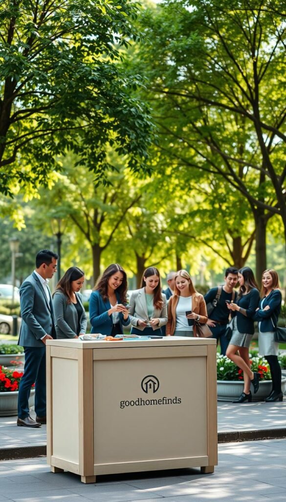 A stylish donation station box designed to encourage community contributions, situated prominently in a well-lit urban park. The foreground features the box made of sturdy wood, painted in a soothing pastel color, adorned with a minimalist logo "GoodHomeFinds". The middle ground captures a diverse group of people, dressed in professional business attire and modest casual clothing, interacting positively around the box, placing items inside with smiles and engaged expressions. In the background, lush green trees and neatly arranged flower beds create a serene atmosphere, enhanced by soft, natural sunlight filtering through the leaves. The scene conveys a clean and organized feeling, inspiring viewers to participate in the tidiness of their community and take the first steps toward a clutter-free lifestyle.