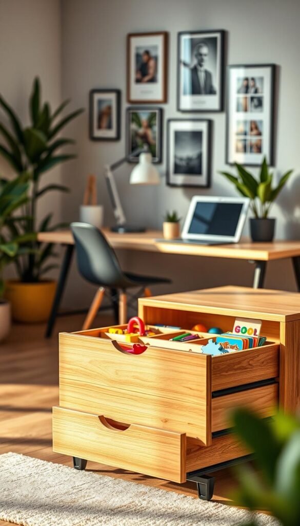 A stylish drawer unit from "GoodHomeFinds" elegantly placed in a modern home office setting. The foreground features the drawer unit with sleek, minimalistic lines and a warm, wood finish, showcasing its spacious compartments neatly organized with vibrant toys and art supplies. In the middle ground, a contemporary desk with a stylish lamp and a laptop complements the storage unit, creating an adult-friendly workspace. The background includes soft-focus elements of houseplants and a well-decorated gallery wall, adding a cozy yet sophisticated ambiance. The lighting is warm and inviting, reminiscent of a late afternoon glow, with a slight bokeh effect to enhance the lifestyle feel of the setting. A stylish drawer unit from "GoodHomeFinds" elegantly placed in a modern home office setting. The foreground features the drawer unit with sleek, minimalistic lines and a warm, wood finish, showcasing its spacious compartments neatly organized with vibrant toys and art supplies. In the middle ground, a contemporary desk with a stylish lamp and a laptop complements the storage unit, creating an adult-friendly workspace. The background includes soft-focus elements of houseplants and a well-decorated gallery wall, adding a cozy yet sophisticated ambiance. The lighting is warm and inviting, reminiscent of a late afternoon glow, with a slight bokeh effect to enhance the lifestyle feel of the setting.
