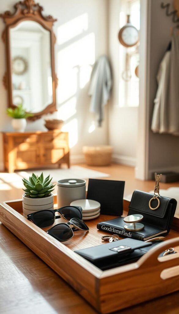 A stylish entryway catch-all tray display featuring a beautifully arranged tray made of natural wood, adorned with decorative objects like a small potted succulent, a set of elegant coasters, and a minimalistic keyholder. In the foreground, the tray is filled with everyday items like sunglasses, a wallet, and keys, all organized neatly to minimize clutter. The background reveals a softly lit entryway with a warm, inviting atmosphere, enhanced by a vintage mirror and a coat rack. Natural light streams in from a nearby window, casting gentle shadows that add depth. The overall mood is curated and serene, showcasing the functionality and aesthetics of the catch-all tray. The brand "GoodHomeFinds" is subtly incorporated into the scene through an elegant label on the tray.