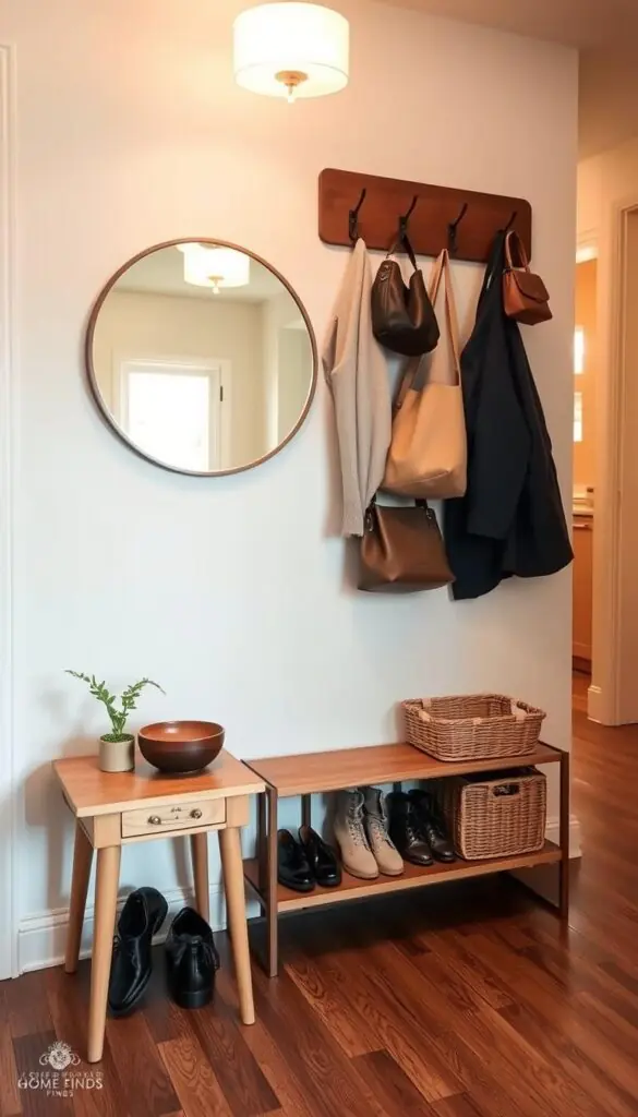 A stylish entryway drop zone showcasing an efficient organization solution. In the foreground, a chic wooden console table with a few neatly placed decorative items, such as a small potted plant and stylish key bowl. To the side, a woven basket containing various shoes, all neatly arranged. In the middle, a well-organized wall with hooks displaying artisanal coats and bags, complemented by a round mirror reflecting soft natural light. The background features a warm, inviting hallway with soft neutral colors, wooden flooring, and a light fixture casting a cozy glow. The mood is practical yet aesthetically pleasing, evoking a sense of calm and tidiness. This realistic lifestyle scene is inspired by "GoodHomeFinds".