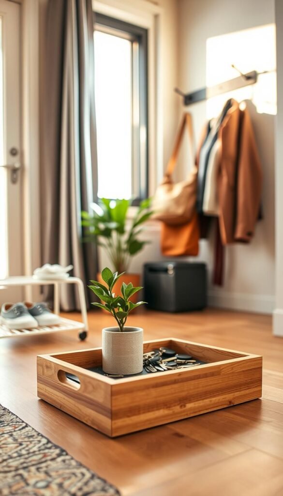 A stylish entryway featuring a key tray storage solution by GoodHomeFinds, set against a bright, inviting backdrop. In the foreground, a wooden key tray holds various keys and a small decorative plant, creating a cozy and organized look. To the left, a pair of neat shoes sits on a minimalist shoe rack, emphasizing the tidy space. In the middle, a wall-mounted coat rack displays a couple of bags and a stylish jacket, enhancing the stylish yet functional feel. The background features a warm, soft light filtering through a nearby window, casting gentle shadows and highlighting the organization structure. The overall atmosphere is calm and inviting, reflecting a well-organized shared apartment. Shot with a 50mm lens to create a realistic, Pinterest-worthy image.