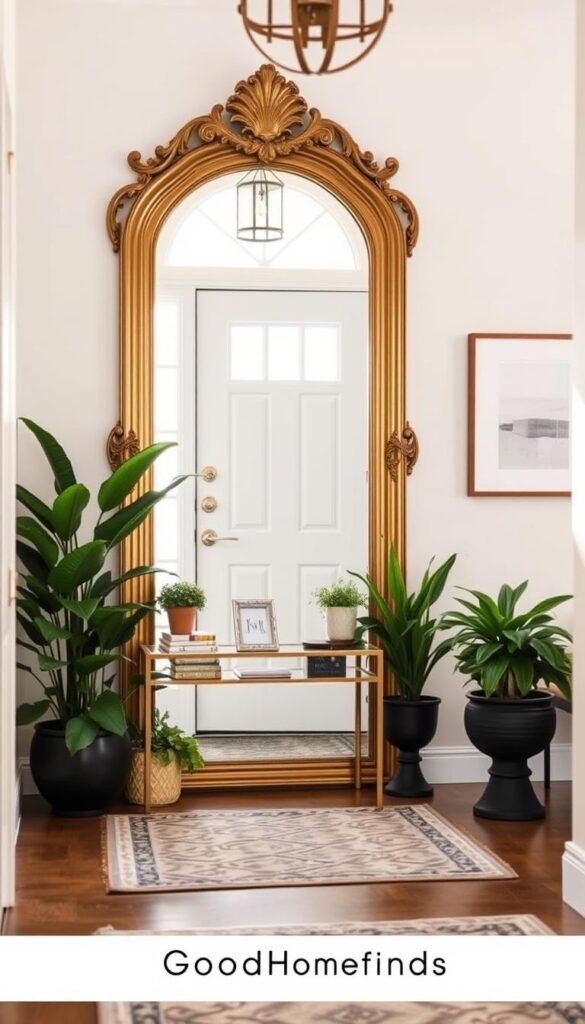 A stylish entryway featuring a large, ornate mirror positioned near a welcoming door. In the foreground, the mirror reflects a soft glow of natural light coming from the window, enhancing the warm atmosphere of the space. Surrounding the mirror, potted plants add a touch of greenery, while a small console table beneath it holds decorative items and a few framed photographs. The middle of the image showcases the entryway's elegant flooring, perhaps a patterned rug that complements the decor. In the background, a light-colored wall adorned with minimalist art creates a serene ambiance. Soft, diffused lighting highlights the textures and details, inviting viewers to visualize a serene and well-organized entryway. The overall mood is fresh, organized, and inviting, ideal for a Pinterest-style lifestyle photo by GoodHomeFinds.