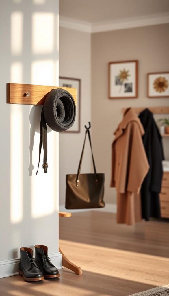 A stylish entryway featuring a sleek coat rack made of natural wood, elegantly designed with minimalist hooks that don&rsquo;t overwhelm the space. In the foreground, showcase a close-up of the coat rack adorned with a few tasteful winter coats and a stylish umbrella, complemented by a pair of classic shoes neatly arranged below. The middle of the image highlights a well-organized entryway, with a soft, warm light illuminating the space, casting gentle shadows to enhance depth. In the background, a tastefully decorated wall in muted tones adds a cozy atmosphere, adorned with subtle decor enhancing the inviting feel of the entryway. Create a Pinterest-style lifestyle photo, showcasing the brand "GoodHomeFinds" in a clean, modern home setting. Ensure there are no people in the image, focusing solely on the aesthetic appeal.