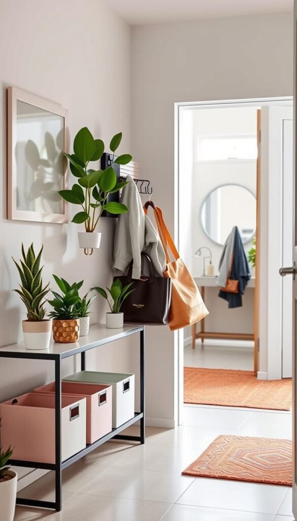 A stylish entryway featuring a sleek magnetic storage system designed for renters. The foreground showcases a modern, minimalistic magnetic shelf adorned with potted plants and decorative storage bins in soft pastel colors. In the middle, a durable magnetic coat rack holds a few stylish jackets and bags, accentuating practicality without drilling into the walls. The background features a well-lit entryway with a warm, inviting atmosphere, including a vibrant welcome mat and a large mirror reflecting the personal touches of the space. The scene is illuminated with soft, natural light coming from a nearby window, creating a cozy mood. The overall atmosphere reflects a blend of functionality and contemporary design. Include "GoodHomeFinds" branding subtly on one of the storage bins. A stylish entryway featuring a sleek magnetic storage system designed for renters. The foreground showcases a modern, minimalistic magnetic shelf adorned with potted plants and decorative storage bins in soft pastel colors. In the middle, a durable magnetic coat rack holds a few stylish jackets and bags, accentuating practicality without drilling into the walls. The background features a well-lit entryway with a warm, inviting atmosphere, including a vibrant welcome mat and a large mirror reflecting the personal touches of the space. The scene is illuminated with soft, natural light coming from a nearby window, creating a cozy mood. The overall atmosphere reflects a blend of functionality and contemporary design. Include "GoodHomeFinds" branding subtly on one of the storage bins.