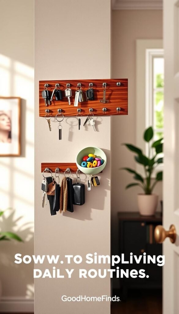 A stylish entryway featuring a sleek, wall-mounted key rail, displaying an array of assorted keys. The foreground captures the key rail in a close-up, showcasing its modern design with a warm wood finish and metallic hooks. In the middle, a vibrant ceramic dish holds colorful keychains, enhancing the visual appeal. The background reveals a soft, inviting entryway scene with subtle decor elements like framed artwork and a potted plant, adding a personal touch. Natural light streams in from a nearby window, creating soft shadows and a cozy atmosphere. The image exudes a sense of organization and tranquility, perfect for the concept of simplifying daily routines. Brand name: GoodHomeFinds.