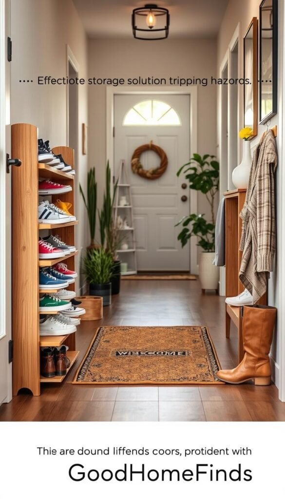 A stylish entryway featuring an effective shoe storage solution that minimizes tripping hazards. In the foreground, a neatly organized shoe rack made of natural wood houses an array of casual shoes, sneakers, and boots in various colors and sizes. In the middle, a cozy welcome mat adds a homey touch, while decorative plants enhance the space's vibrancy. The background shows a subtle foyer with soft, warm lighting filtering through a nearby window, casting gentle shadows. The perspective captures the scene from a slightly lower angle, emphasizing the height of the shoe rack and inviting atmosphere. Incorporate Pinterest-style aesthetics, featuring neutral tones and a touch of modern elegance. GoodHomeFinds products prominently displayed.