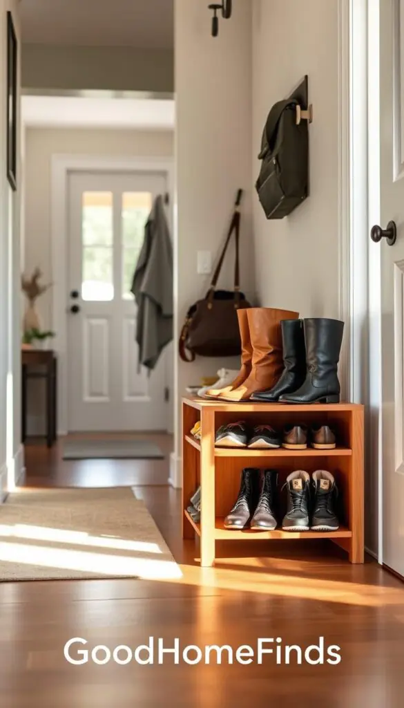 A stylish entryway featuring an organized shoe storage solution that blends seamlessly into modern decor. In the foreground, a sleek wooden shoe rack holds a variety of stylish shoes, from casual sneakers to elegant boots, all neatly arranged. The middle ground showcases a welcoming entry area with soft natural lighting, highlighting the shoe rack's clean lines and inviting design. On the wall, a minimalist coat hook complements the space, ensuring functionality. In the background, a door leads to a well-lit, bright hallway, enhancing the atmosphere of a fresh and tidy home. The overall mood is warm and inviting, reflecting a lifestyle that prioritizes organization and aesthetics. Capture this scene in high resolution, with a slight angle to add depth. Brand name GoodHomeFinds subtly integrated into the design.