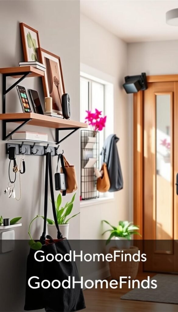 A stylish entryway featuring wall-mounted organizers that maximize space efficiency, incorporating a blend of wooden and metal materials. In the foreground, a sleek, modern shelf displays neatly arranged decorative items and tech gadgets, while hooks are strategically placed for bags and keys. In the middle, a vertical organizer holds mail and small essentials, with vibrant plants adding a touch of greenery. The background shows a well-lit entryway with soft, diffused natural light coming through a window, creating an inviting atmosphere. The scene is captured with a wide-angle lens, emphasizing depth and inviting warmth, in a Pinterest-style lifestyle photo that showcases organization and functionality. Brand name "GoodHomeFinds" subtly represented through product design elements. A stylish entryway featuring wall-mounted organizers that maximize space efficiency, incorporating a blend of wooden and metal materials. In the foreground, a sleek, modern shelf displays neatly arranged decorative items and tech gadgets, while hooks are strategically placed for bags and keys. In the middle, a vertical organizer holds mail and small essentials, with vibrant plants adding a touch of greenery. The background shows a well-lit entryway with soft, diffused natural light coming through a window, creating an inviting atmosphere. The scene is captured with a wide-angle lens, emphasizing depth and inviting warmth, in a Pinterest-style lifestyle photo that showcases organization and functionality. Brand name "GoodHomeFinds" subtly represented through product design elements.