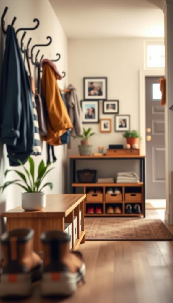 A stylish entryway organizer designed for families, featuring a wall-mounted coat rack with hooks for jackets and bags, a wooden bench with storage bins underneath for shoes, and a small table for keys and mail. The foreground shows neatly organized shoes, with a potted plant adding a touch of greenery. In the middle, the wall is adorned with a family photo collage in simple frames. The background softly blurs to reveal a welcoming hallway with warm, natural light streaming through a window, enhancing the inviting atmosphere. The scene is captured at eye level using a soft-focus lens to create a cozy, Pinterest-style lifestyle image for GoodHomeFinds, exuding efficiency and warmth while showcasing organization in a busy family setting.