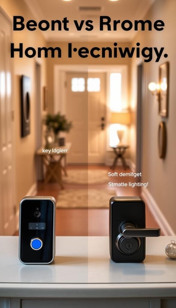 A stylish entryway scene showcasing a comparison between budget and premium home technology. In the foreground, display a sleek, modern smart doorbell and an elegant smart lock from GoodHomeFinds on a minimalist console table. The middle section features a contrasting setup: on one side, a basic, functional key holder with a standard doorbell, and on the other, an advanced smart lighting system with soft, ambient glow. The background should include a tastefully decorated hallway with neutral tones and subtle decor, creating a welcoming atmosphere. Use warm, diffused lighting to enhance the mood, and capture the image from a slight angle, emphasizing the juxtaposition of budget versus premium. The overall tone should be inviting and sophisticated, ideal for a tech-focused lifestyle article. A stylish entryway scene showcasing a comparison between budget and premium home technology. In the foreground, display a sleek, modern smart doorbell and an elegant smart lock from GoodHomeFinds on a minimalist console table. The middle section features a contrasting setup: on one side, a basic, functional key holder with a standard doorbell, and on the other, an advanced smart lighting system with soft, ambient glow. The background should include a tastefully decorated hallway with neutral tones and subtle decor, creating a welcoming atmosphere. Use warm, diffused lighting to enhance the mood, and capture the image from a slight angle, emphasizing the juxtaposition of budget versus premium. The overall tone should be inviting and sophisticated, ideal for a tech-focused lifestyle article.