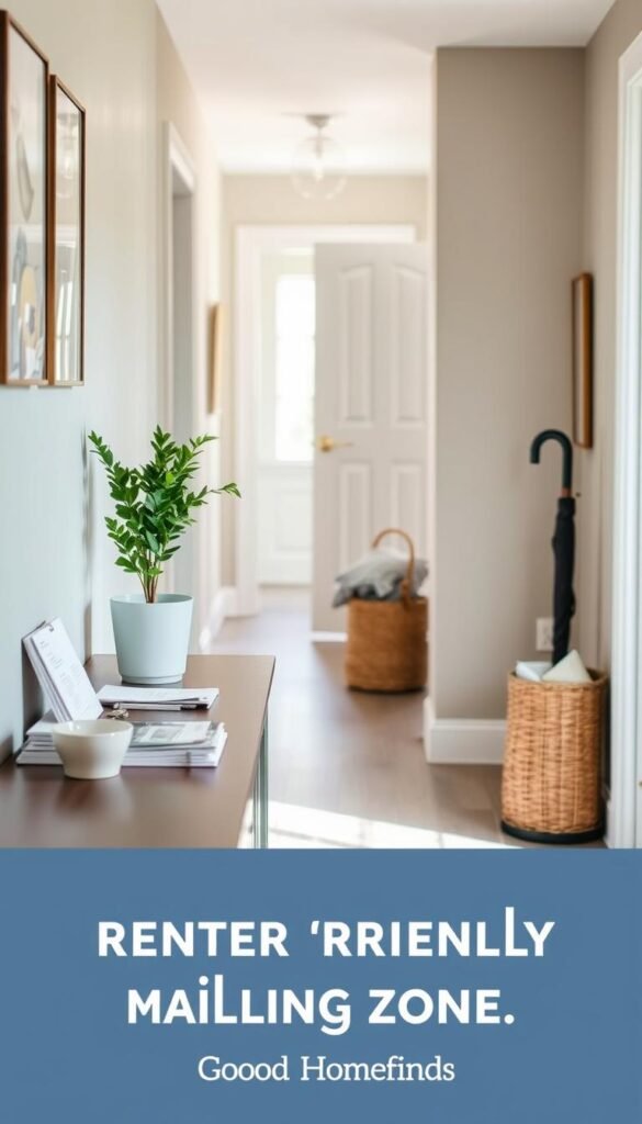 A stylish entryway scene showcasing a renter-friendly mail landing zone. In the foreground, a modern console table against a pastel wall, adorned with neatly organized mail and a small decorative bowl for keys. A chic, lush potted plant sits beside the table. The middle ground features a wicker basket for additional mail storage and a stylish umbrella stand, conveying a cozy and welcoming atmosphere. The background reveals a well-lit, inviting hallway with a subtle hint of a door. Soft, natural daylight filters in, casting gentle shadows that enhance the overall warmth of the space. The image should embody a Pinterest-style aesthetic to inspire clutter-free organization. Ensure a professional finish, reflecting the brand GoodHomeFinds. A stylish entryway scene showcasing a renter-friendly mail landing zone. In the foreground, a modern console table against a pastel wall, adorned with neatly organized mail and a small decorative bowl for keys. A chic, lush potted plant sits beside the table. The middle ground features a wicker basket for additional mail storage and a stylish umbrella stand, conveying a cozy and welcoming atmosphere. The background reveals a well-lit, inviting hallway with a subtle hint of a door. Soft, natural daylight filters in, casting gentle shadows that enhance the overall warmth of the space. The image should embody a Pinterest-style aesthetic to inspire clutter-free organization. Ensure a professional finish, reflecting the brand GoodHomeFinds.