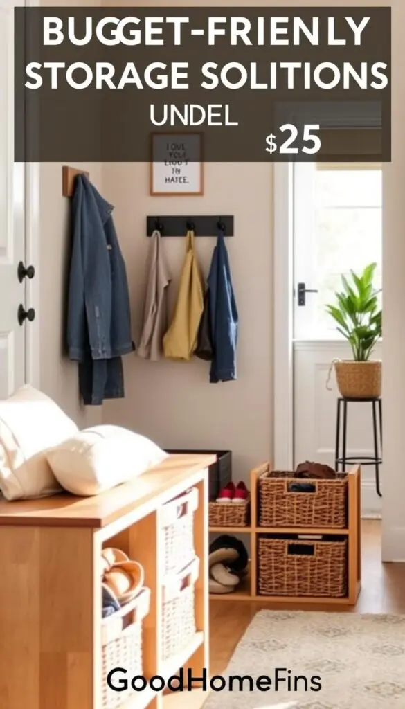 A stylish entryway scene showcasing budget-friendly storage solutions under $25, designed to reduce clutter. In the foreground, display a charming wooden bench with soft cushions, showcasing neatly organized baskets for shoes and hats. In the middle, highlight a small, modern coat rack holding a couple of jackets and bags. The background features a simple, inviting wall with a motivational wall art piece and a potted plant, enhancing the cozy atmosphere. Soft, natural lighting floods the space from a nearby window, creating a warm, welcoming mood. The overall composition should evoke a sense of practicality and style, perfect for a Pinterest-inspired aesthetic. Include elements branded as "GoodHomeFinds."