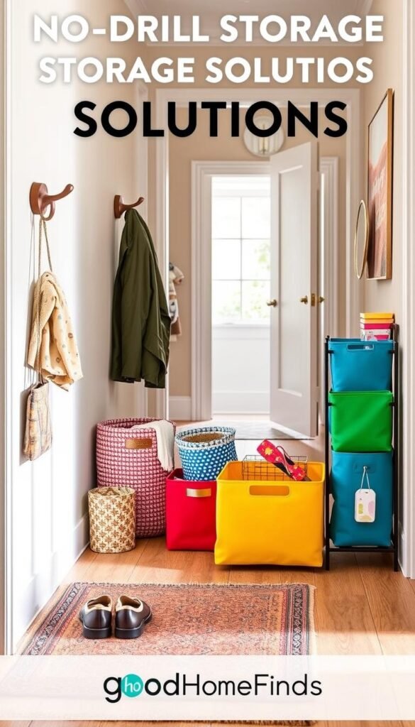 A stylish entryway scene showcasing no-drill storage solutions under $50, featuring a variety of organizational products like wall-mounted hooks, fabric bins, and a shoe rack. The foreground includes a neatly arranged entry mat with shoes placed beside a chic, minimalist coat hook. In the middle ground, a vibrant array of colorful storage solutions from GoodHomeFinds, such as a small fabric organizer and a key holder, adds practicality. The background reveals a softly lit hallway with a neutral color palette, creating a warm, welcoming atmosphere. Natural light filters in through an open door, accentuating the products' textures and colors. The mood is inviting and innovative, perfect for optimizing limited space.
