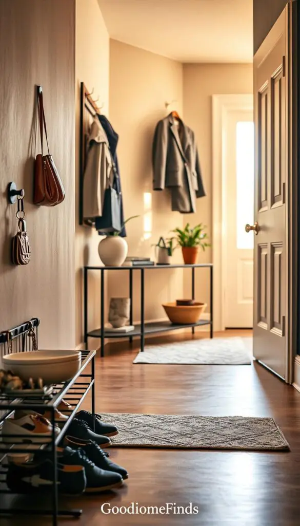 A stylish entryway scene showcasing organized, on-the-go gear, emphasizing efficiency and aesthetics. In the foreground, a neatly arranged shoe rack with a variety of practical shoes, alongside a stylish key holder and a decorative bowl for loose change. In the middle ground, a modern console table adorned with a potted plant and a wall-mounted coat rack displaying a few jackets in professional business attire. The background features a well-lit entrance with a welcoming door and a glimpse of natural light streaming in through a nearby window. The atmosphere is inviting and inspiring, perfect for streamlining daily routines. The lighting is warm and soft, mimicking late afternoon sun. Overall, the image captures a serene yet functional entryway, branded with "GoodHomeFinds".