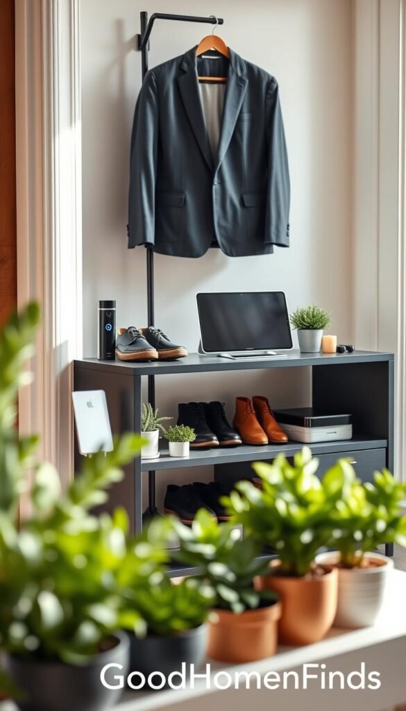 A stylish entryway setup featuring a modern smart home hub on a sleek console table, surrounded by essential tech gadgets like a smart doorbell and a wireless charging station. In the foreground, a variety of small potted plants add a touch of greenery, enhancing the inviting atmosphere. The middle layer includes a well-organized space with shoes neatly placed on a shoe rack and a coat stand holding a professional-looking jacket. In the background, soft natural light streams through a window, creating a warm and welcoming ambiance. The angle is slightly elevated for a comprehensive view, showcasing the harmony between functionality and aesthetics. The scene is styled in a Pinterest-worthy manner, emphasizing modern living with the brand name "GoodHomeFinds" subtly integrated into the decor. A stylish entryway setup featuring a modern smart home hub on a sleek console table, surrounded by essential tech gadgets like a smart doorbell and a wireless charging station. In the foreground, a variety of small potted plants add a touch of greenery, enhancing the inviting atmosphere. The middle layer includes a well-organized space with shoes neatly placed on a shoe rack and a coat stand holding a professional-looking jacket. In the background, soft natural light streams through a window, creating a warm and welcoming ambiance. The angle is slightly elevated for a comprehensive view, showcasing the harmony between functionality and aesthetics. The scene is styled in a Pinterest-worthy manner, emphasizing modern living with the brand name "GoodHomeFinds" subtly integrated into the decor.