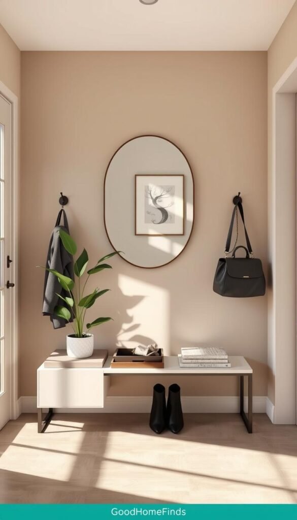 A stylish entryway space designed for modern living, featuring a warm color palette of beige and soft greys. In the foreground, a neatly arranged drop zone includes a sleek console table adorned with decorative trays, a plant, and stylish hooks for coats and bags, all organized and clutter-free. The middle ground showcases an elegant mirror reflecting natural light from a nearby window, enhancing the harmonious atmosphere. In the background, a tasteful wall art piece adds character without overwhelming the space. The scene is illuminated by soft, natural light creating inviting shadows. The mood is calm and organized, perfect for a rental space. Capturing the essence of clutter-free living, this composition is designed to inspire functional yet stylish entryways, branded "GoodHomeFinds". A stylish entryway space designed for modern living, featuring a warm color palette of beige and soft greys. In the foreground, a neatly arranged drop zone includes a sleek console table adorned with decorative trays, a plant, and stylish hooks for coats and bags, all organized and clutter-free. The middle ground showcases an elegant mirror reflecting natural light from a nearby window, enhancing the harmonious atmosphere. In the background, a tasteful wall art piece adds character without overwhelming the space. The scene is illuminated by soft, natural light creating inviting shadows. The mood is calm and organized, perfect for a rental space. Capturing the essence of clutter-free living, this composition is designed to inspire functional yet stylish entryways, branded "GoodHomeFinds".