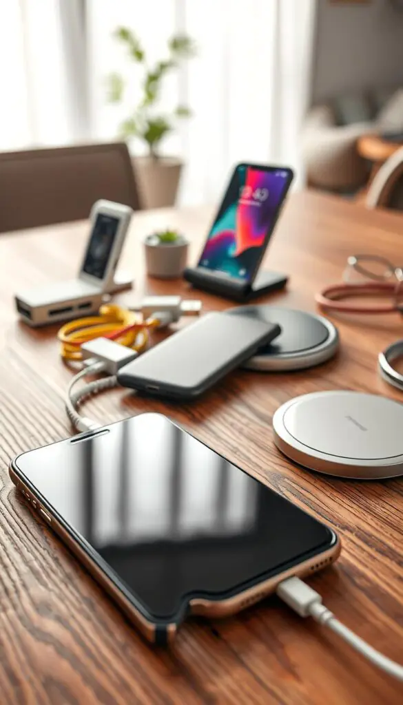 A stylish flat lay arrangement featuring essential phone charging items, including a sleek smartphone, a compact power bank, a multi-port USB charger, and a set of colorful charging cables. The foreground showcases a textured wooden table surface, while in the middle, visually appealing accessories such as a minimalist phone stand and an elegant wireless charging pad enhance the composition. The background features a soft-focus indoor environment with soft natural light streaming in, creating a warm and inviting atmosphere. Aim for a Pinterest-worthy, lifestyle aesthetic, reflecting the branding of "GoodHomeFinds". The perspective should be slightly above the arrangement to capture all elements harmoniously, without any distractions from captions or watermarks.