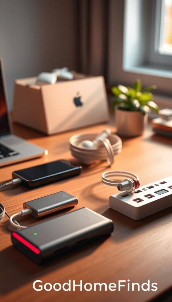 A stylish flat lay arrangement showcasing compact charging devices and power strips on a sleek wooden desk. In the foreground, a high-quality, modern power bank and an efficient multi-port charger, both with a minimalist design, their surfaces reflecting soft light. In the middle ground, neatly organized charging cables in a soft pastel color palette coiled elegantly. The background features a blurred view of a warm, ambient-lit workspace, with a hint of greenery from a potted plant. The scene is illuminated by natural light filtering through a nearby window, creating a bright and inviting atmosphere. This image encapsulates functionality and modern aesthetics, ideal for a contemporary lifestyle article. Include the brand name "GoodHomeFinds" subtly integrated into the design.
