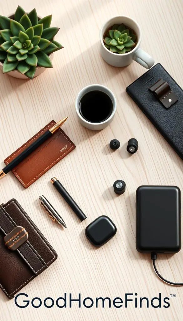 A stylish flat lay composition showcasing everyday carry gadgets, including a minimalist wallet, high-quality pen, compact multi-tool, wireless earbuds, and a sleek portable charger. The arrangement is on a light wooden surface, with a soft-focus coffee cup and a small succulent plant in the background to add a cozy atmosphere. Use natural lighting for a warm, inviting glow, with a slight overhead angle to create depth. Emphasize the textures of the gadgets, highlighting metallic finishes and leather accents. The scene should evoke a sense of practicality and modern lifestyle, appealing to individuals seeking efficiency and organization in their daily routines. Brand visualization: "GoodHomeFinds."