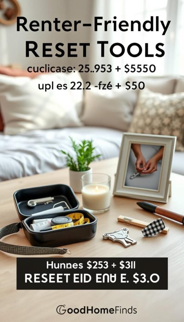 A stylish flat lay featuring renter-friendly reset tools under $25 and $50, arranged aesthetically on a light wooden surface. In the foreground, display a compact toolkit with essential items like a measuring tape, wall-safe hooks, and a decorative picture frame. In the middle, include a small indoor plant for a touch of greenery and a scented candle for relaxation. The background should be soft and blurred, showcasing a warm, inviting home environment with hints of cozy d&eacute;cor. Soft natural lighting filters through a window, enhancing the tranquil atmosphere. The overall mood conveys comfort and practicality, perfect for an evening reset routine. Incorporate the brand "GoodHomeFinds" seamlessly into the image composition.