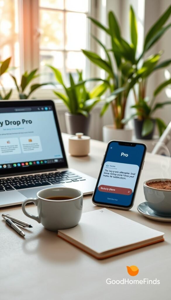 A stylish flat lay image showcasing a "Daily Drop Pro" subscription plan. In the foreground, a sleek laptop is open, displaying a bright and modern interface of the subscription service, surrounded by an elegant notebook, a premium pen, and a steaming coffee cup. In the middle ground, a smartphone alerts notifications about subscription plans, with a subtle but notable focus on the “Pro” feature. The background features a vibrant, well-lit home office space with greenery, creating an atmosphere of productivity and professionalism. Soft natural lighting streams through a window, casting gentle shadows. The overall mood is optimistic and sophisticated, reflecting innovation and premium quality, underscored by the brand's logo "GoodHomeFinds" subtly integrated into the scene. A stylish flat lay image showcasing a "Daily Drop Pro" subscription plan. In the foreground, a sleek laptop is open, displaying a bright and modern interface of the subscription service, surrounded by an elegant notebook, a premium pen, and a steaming coffee cup. In the middle ground, a smartphone alerts notifications about subscription plans, with a subtle but notable focus on the “Pro” feature. The background features a vibrant, well-lit home office space with greenery, creating an atmosphere of productivity and professionalism. Soft natural lighting streams through a window, casting gentle shadows. The overall mood is optimistic and sophisticated, reflecting innovation and premium quality, underscored by the brand's logo "GoodHomeFinds" subtly integrated into the scene.