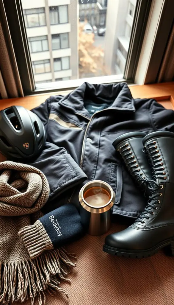 A stylish flat lay showcasing cold-weather commuting essentials by GoodHomeFinds. In the foreground, include a cozy woolen scarf, a pair of insulated gloves, and a sleek thermos filled with steaming coffee. In the middle, feature a high-quality winter coat, folded neatly next to a pair of waterproof boots, with a bicycle helmet subtly placed nearby. In the background, soft, diffused daylight filters through an urban window, casting gentle shadows to create a warm atmosphere. The scene should evoke a sense of comfort and practicality, ideal for winter journeys. Emphasize textures like wool, leather, and metal for a realistic touch. No people are present, allowing the focus to remain on the essentials.